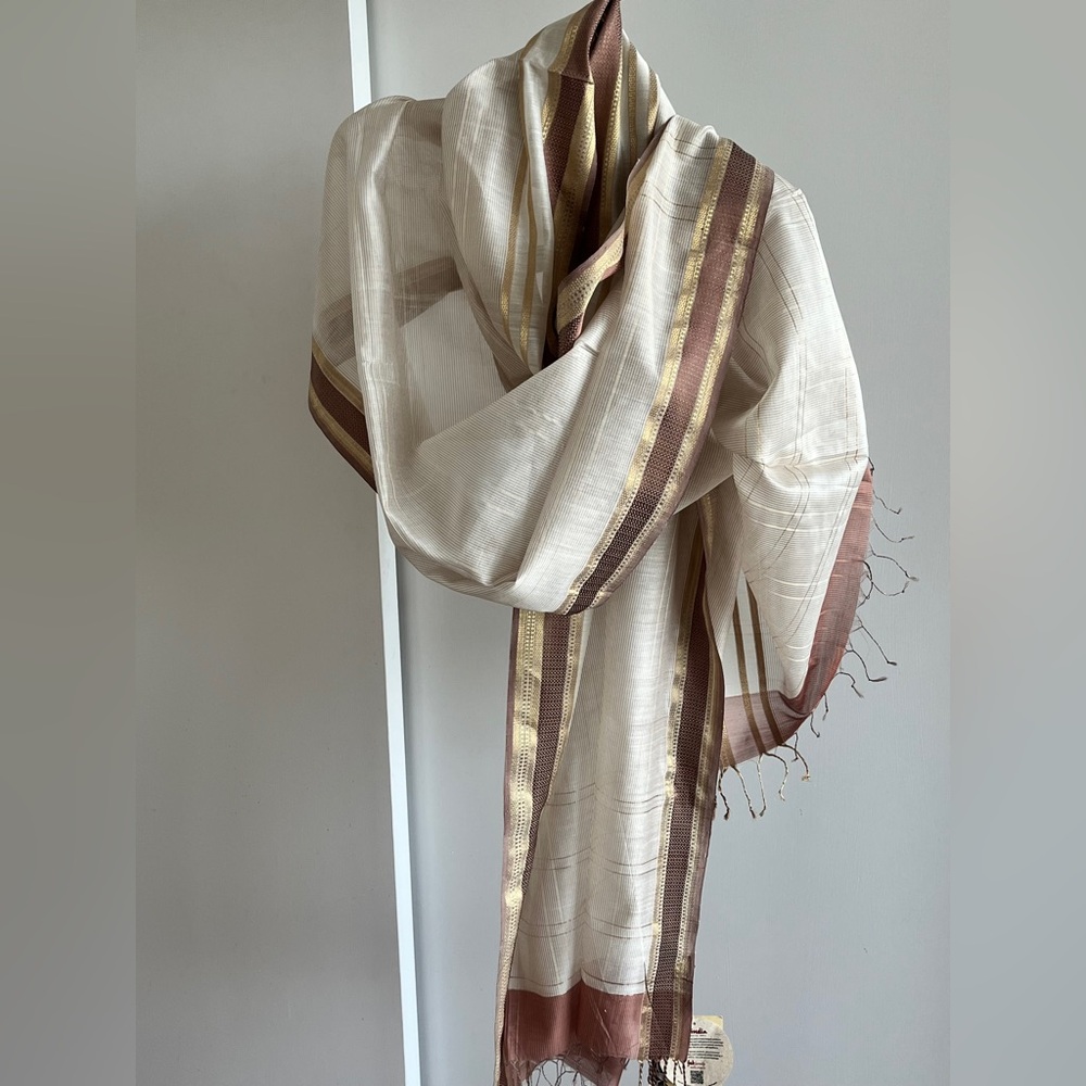 NWT Fabindia Silk Cotton Sheer Wrap Stole Shawl Dupatta Scarf Ivory Brown & gold